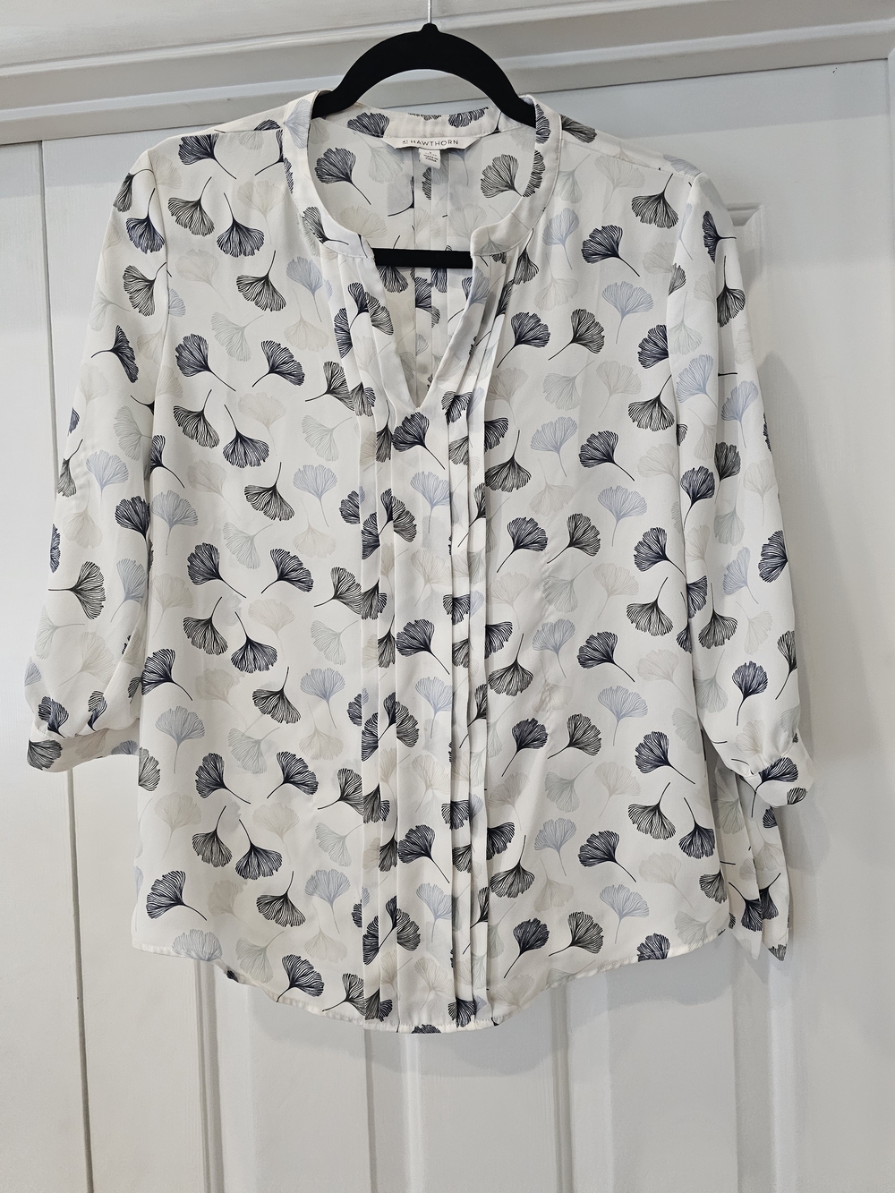 41 Hawthorn White Blouse with Navy and Gray Leaf Print